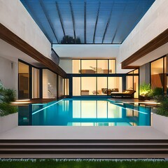 Modern home with a floating staircase and a large indoor pool3, Generative AI