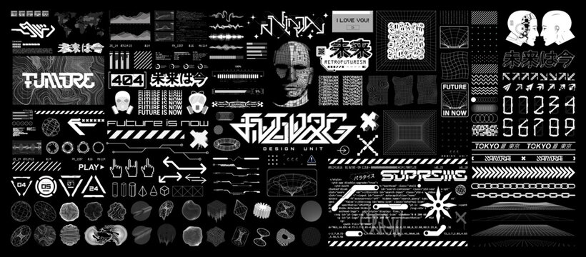 Tech, Sci-fi, HUD retrofuturistic elements set. 3D elements, shapes, spheres, wireframes, icons, HUD interface, grid, frame in cyberpunk style. Futuristic Digital set for t-shirt, merch, poster.
