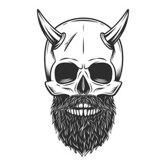 Naklejka premium Skull and horn with hipster mustache and beard isolated on white background monochrome illustration