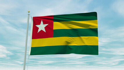 Fototapeta na wymiar Seamless loop animation of the Togo flag on a blue sky background. 3D Illustration
