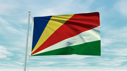 Seamless loop animation of the Seychelles flag on a blue sky background. 3D Illustration