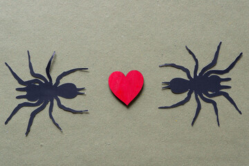 two paper spiders and wooden heart painted red on rough green paper