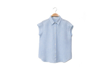 Blue colour blouse is clothes hanger on white background.