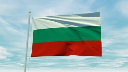 Seamless loop animation of the Bulgaria flag on a blue sky background. 3D Illustration