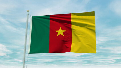 Seamless loop animation of the Cameroon flag on a blue sky background. 3D Illustration