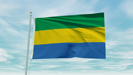 Seamless loop animation of the Gabon flag on a blue sky background. 3D Illustration