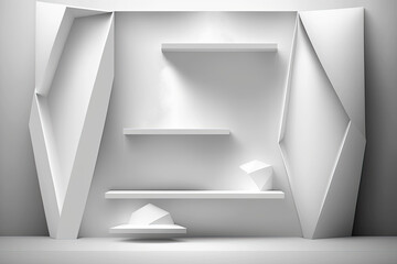 Soft light white abstract stage in elegant futuristic geometric style with simple lines and corners, polygons as background with white wood shelf for advertisement, presentation products, design,