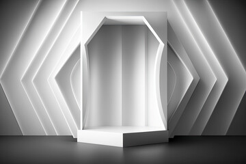 Soft light white abstract stage in elegant futuristic geometric style with simple lines and corners, polygons as background with white wood shelf for advertisement, presentation products, design,