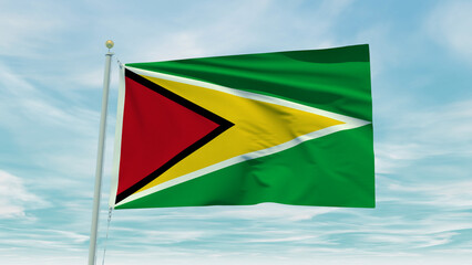 Seamless loop animation of the Guyana flag on a blue sky background. 3D Illustration