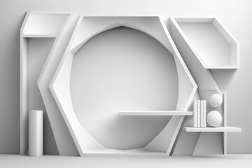 Soft light white abstract stage in elegant futuristic geometric style with simple lines and corners, polygons as background with white wood shelf for advertisement, presentation products, design,