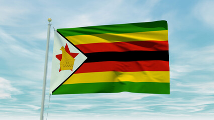 Seamless loop animation of the Zimbabwe flag on a blue sky background. 3D Illustration