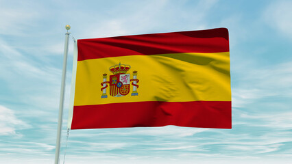Obraz premium Seamless loop animation of the Spain flag on a blue sky background. 3D Illustration