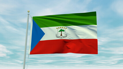 Fototapeta na wymiar Seamless loop animation of the Equatorial Guinea flag on a blue sky background. 3D Illustration