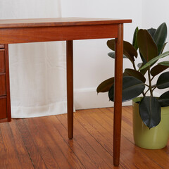 1960s Vintage Danish Teak Desk, minimalist design furniture. Side view close-up with houseplants in front of a white curtain.
