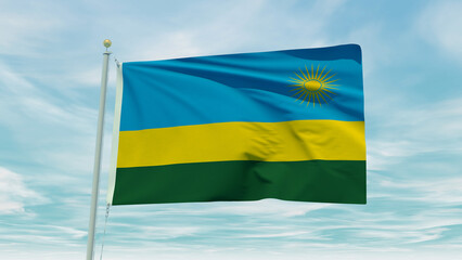 Seamless loop animation of the Rwanda flag on a blue sky background. 3D Illustration
