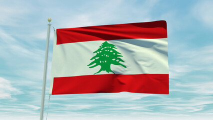 Naklejka premium Seamless loop animation of the Lebanon flag on a blue sky background. 3D Illustration