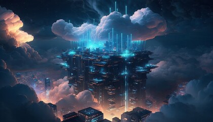 クラウドコンピューティング　未来都市　背景　デジタルイラスト　generative AI