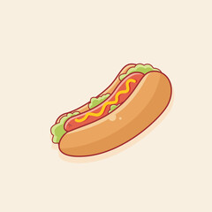 Hot dog. Fast food hot dog filled with sausage, lettuce, cheese mayonnaise topping. Designed in cartoon flat style. Can be printed for a food menu book. Business culinary concept.