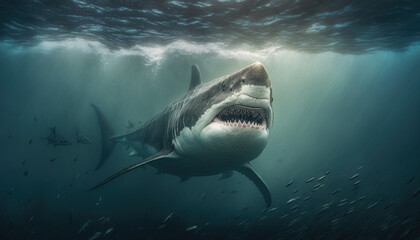 Great white shark with open mouth swimming towards viewer in the ocean next to fish at the surface of the sea illustration with natural light in the background, ai.
