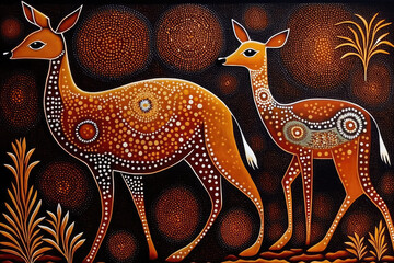 Deers painted with dot art style in black red yellow and white colors