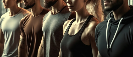 Obraz premium young sporty people stand in a row. Generative AI