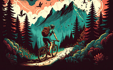 illustration of a mountain biker on a path in nature in the background you can see the mountains. Generative AI
