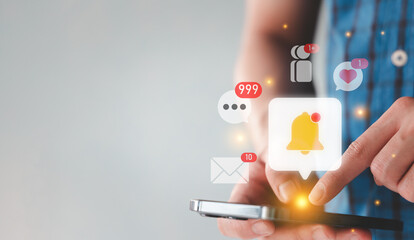 People receiving notification from social network application on smartphone. Social network concept with icons.