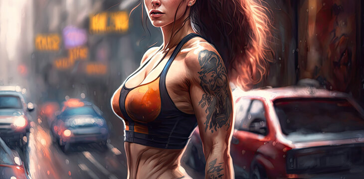 a sporty young woman in sportswear stands on the street in a city. Generative AI