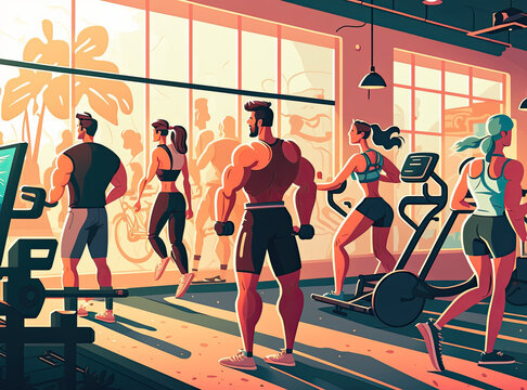 illustration of young athletic people exercising in a gym. Generative AI