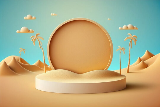 product presentation 3d summer ad banner. Illustration of product display on square podium at in the summer beach sand ,generative ai
