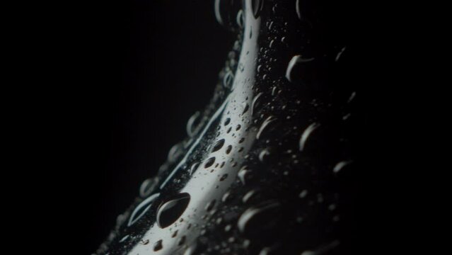Beer drop slowly trickles down rotating beer bottle. black background. 