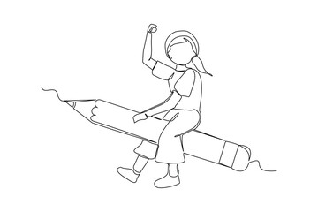 Continuous single one line drawing art business woman riding flying big pencil. Vector illustration concept of business growth success