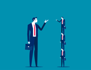 Fototapeta premium Small business on top of human pyramid negotiate with a big business person. Business vector illustration concept