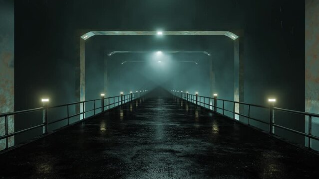 Industrial Metal Futuristic Constrictions Over The Bridge, Cyberpunk Style, Neon Lights In Smoke, 4K Cycled Video With Abstract Futurism, Seamless Animation, 3D Render, Conceptual Modern Design.