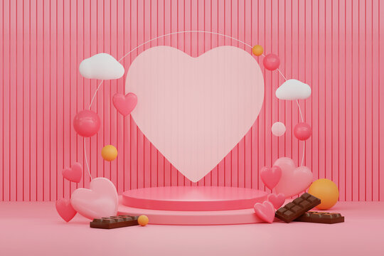 Pink Podiums and Backgrounds in Realistic 3D With a White Heart-Shaped Background. valentines day. 3D Render