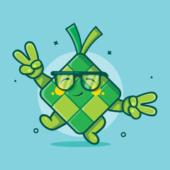 cute ketupat food character mascot with peace sign hand gesture isolated cartoon in flat style design