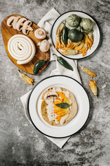 Mexican Quesadilla with various ingredients Oaxaca cheese, chili peppers and squash blossom served for breakfast in Mexico Latin America