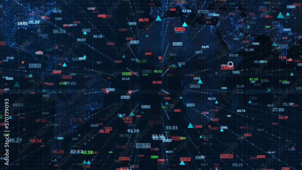 Poster stock market data, digital animation camera movement through 3d space with a world map.