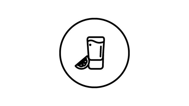 Tequila beverage and lemon black and white outline icon vector illustration in a circle, video animation, self drawing.