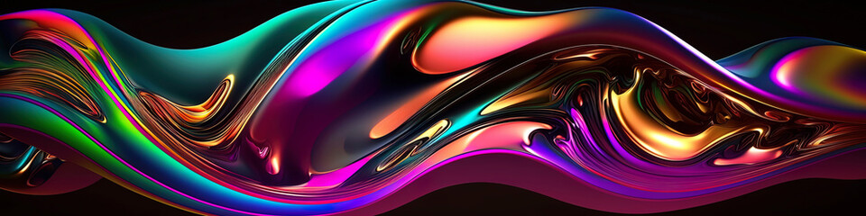 panoramic abstract fluid iridescent holographic neon curved wave background.