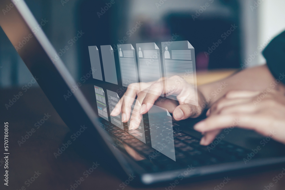 Poster business people working on laptop with visual screen of document management system (dms) and digital
