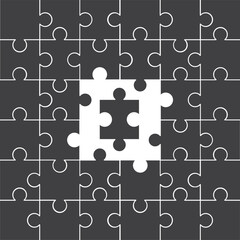 Puzzle Jigsaw set of 36 with missing pieces in the middle  vector flat design in monochrome color with various type of shape ready to use and free editable