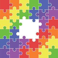 Puzzle Jigsaw set of 36 with missing pieces in the middle  in colorful rainbow color vector flat design in monochrome color with various type of shape ready to use and free editable