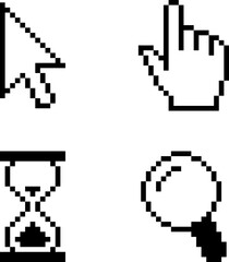 Pixel cursor icons - arrow pointer hand pointer hourglass search. Vector