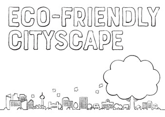 チョークで描いた木と都市のエコロジーな背景イラスト　文字あり　白バック