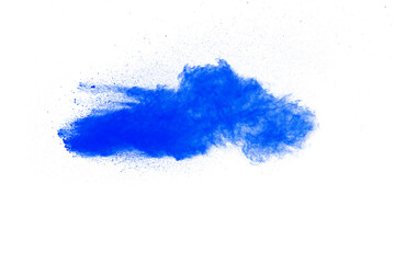 Blue color dust particles explosion cloud on white background.Color powder splash.