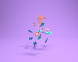 Cash and coins floating around colored arrows. On orange background. Save money. Cashless society concept. 3d illustration.