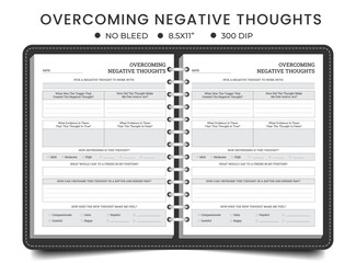 Fototapeta premium Challenging Negative Thoughts, worksheet overcoming negative thoughts, planner or logbook journal printable template 