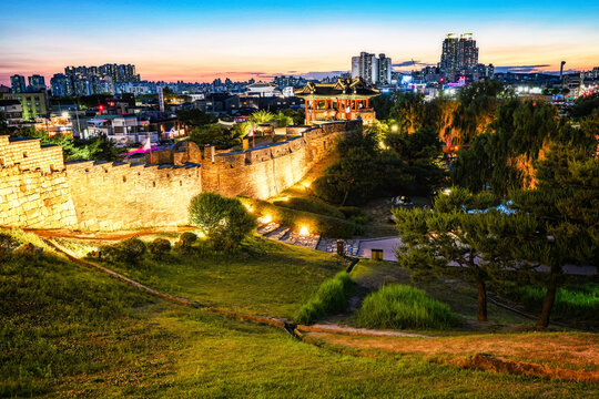 Hwaseong Fortress at night in Suwon, South Korea.