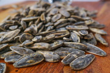 close-up of roasted sunflower seeds with salt selective focusing